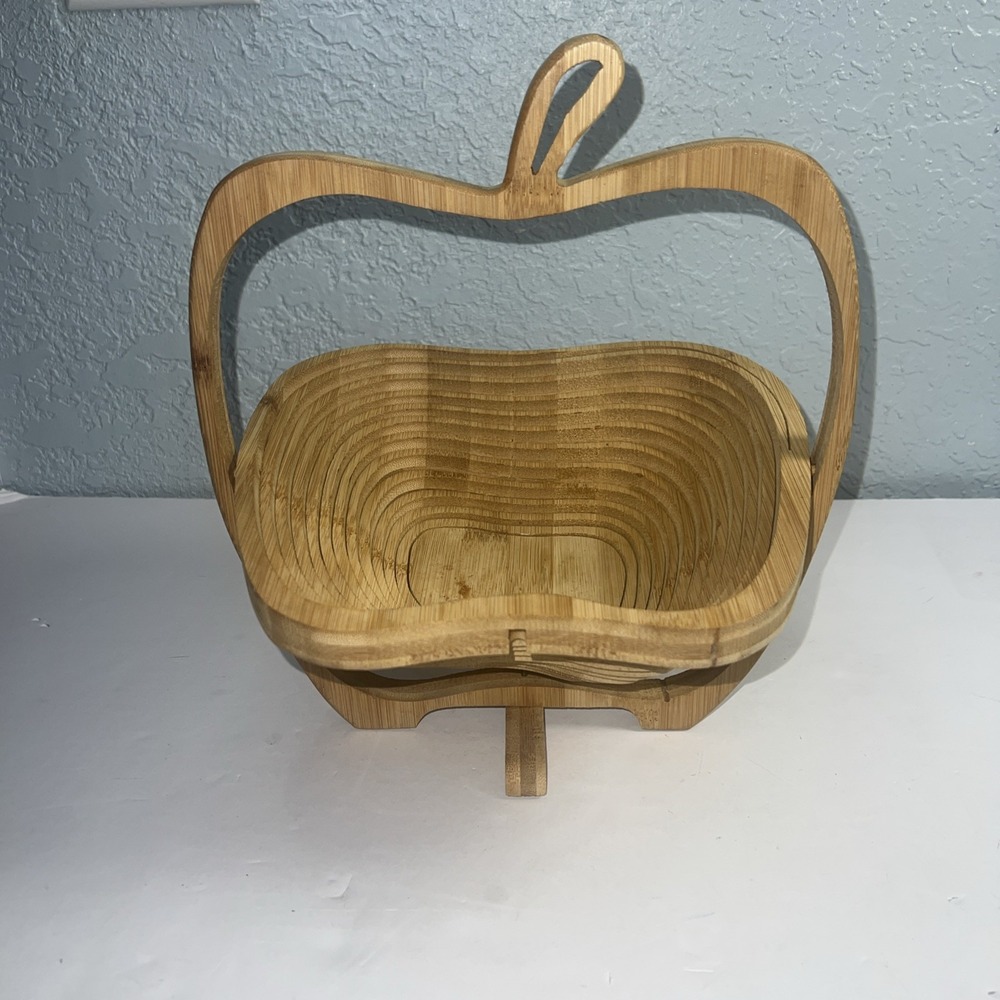 Apple Shaped Collapsible Wooden Fruit Bowl Basket Trivet